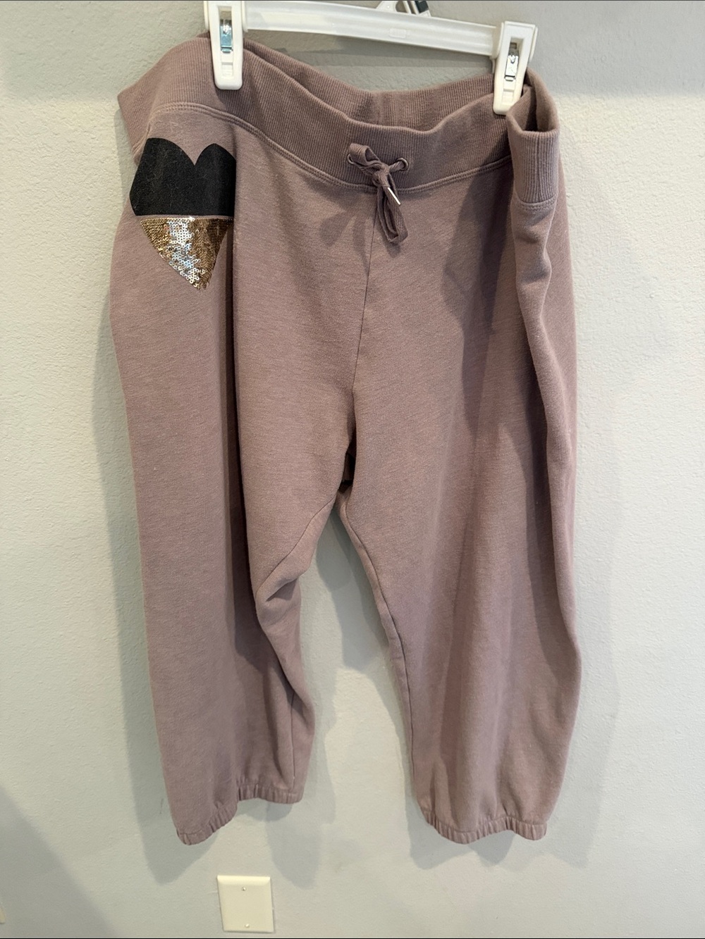 Cropped Victoria's Secret Mauve Jogger Pants with Black & Gold Sequin Heart